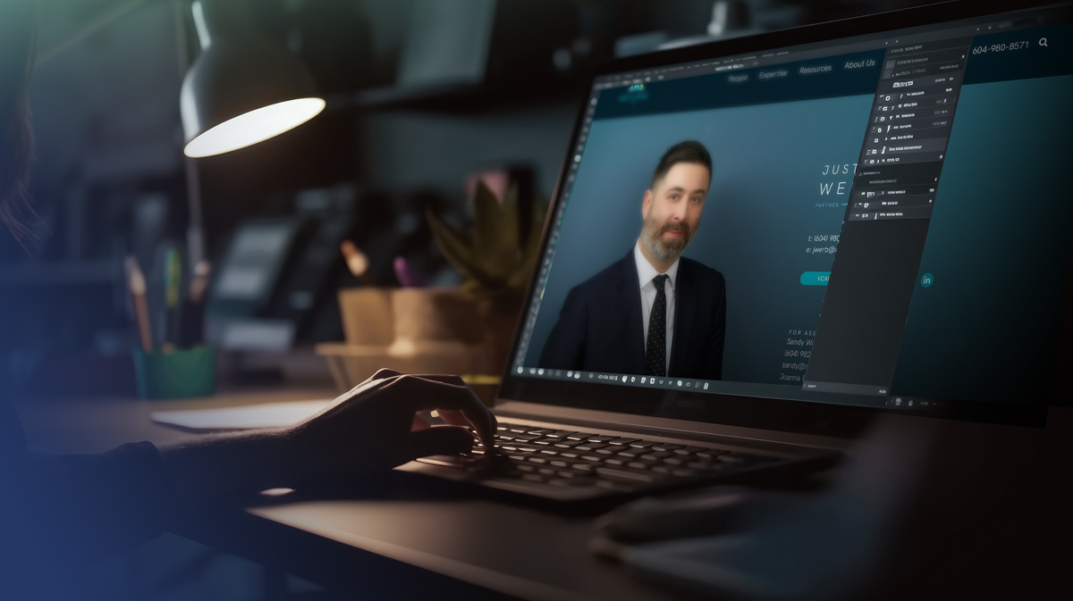 Someone sitting at a desk creating a law firm website.